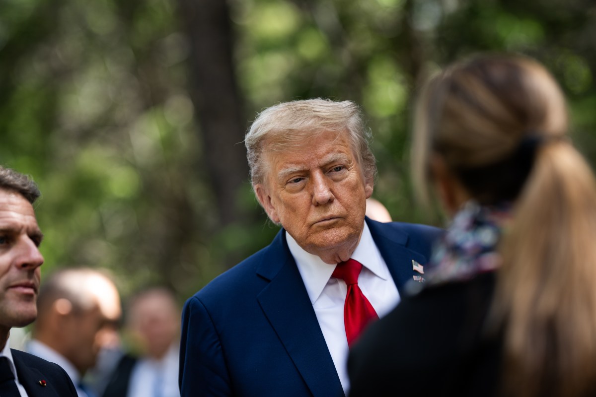 President Donald Trump talks with French President Emmanuel Macron before a welcome ceremony at the G7 Summit, Monday, June 16, 2025, in Kananaskis, Alberta, Canada. (Official White House Photo by Daniel Torok)
