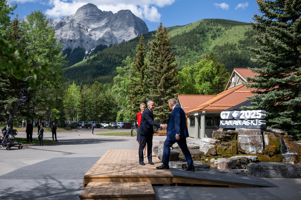President Donald Trump is greeted by Canadian Prime Minister Mark Carney and his wife Diana Fox Carney during the official welcome at the G7 Summit, Monday, June 16, 2025, in Kananaskis, Alberta, Canada. (Official White House Photo by Daniel Torok)