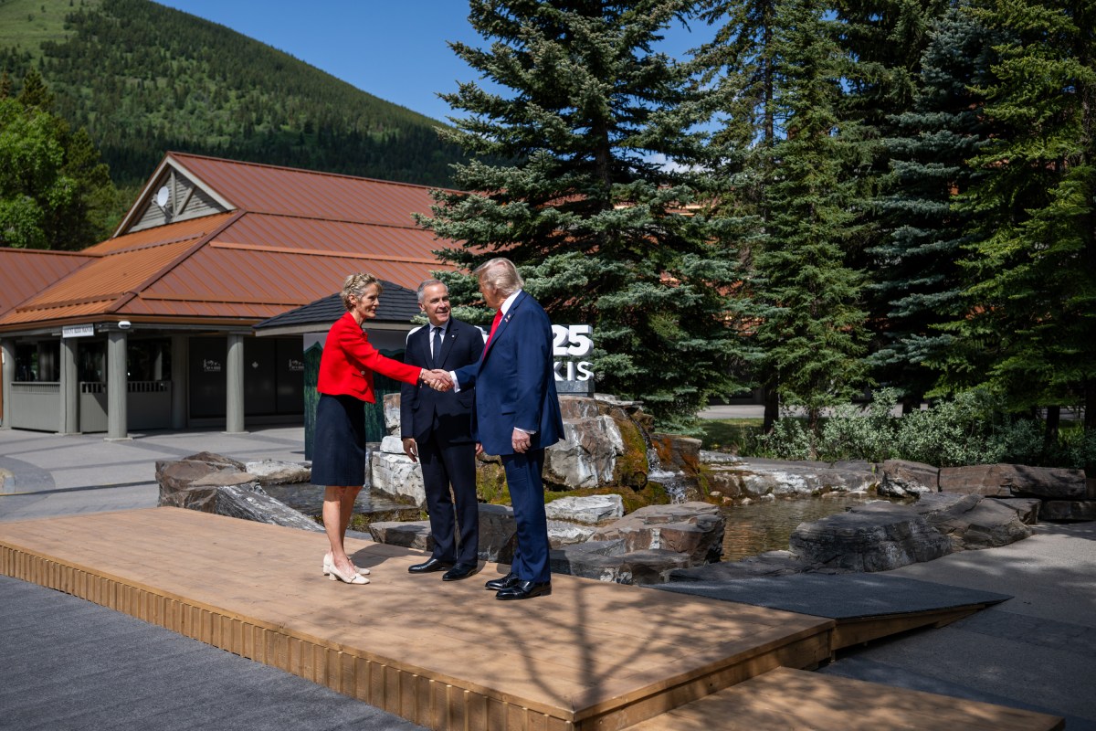 President Donald Trump is greeted by Canadian Prime Minister Mark Carney and his wife Diana Fox Carney during the official welcome at the G7 Summit, Monday, June 16, 2025, in Kananaskis, Alberta, Canada. (Official White House Photo by Daniel Torok)