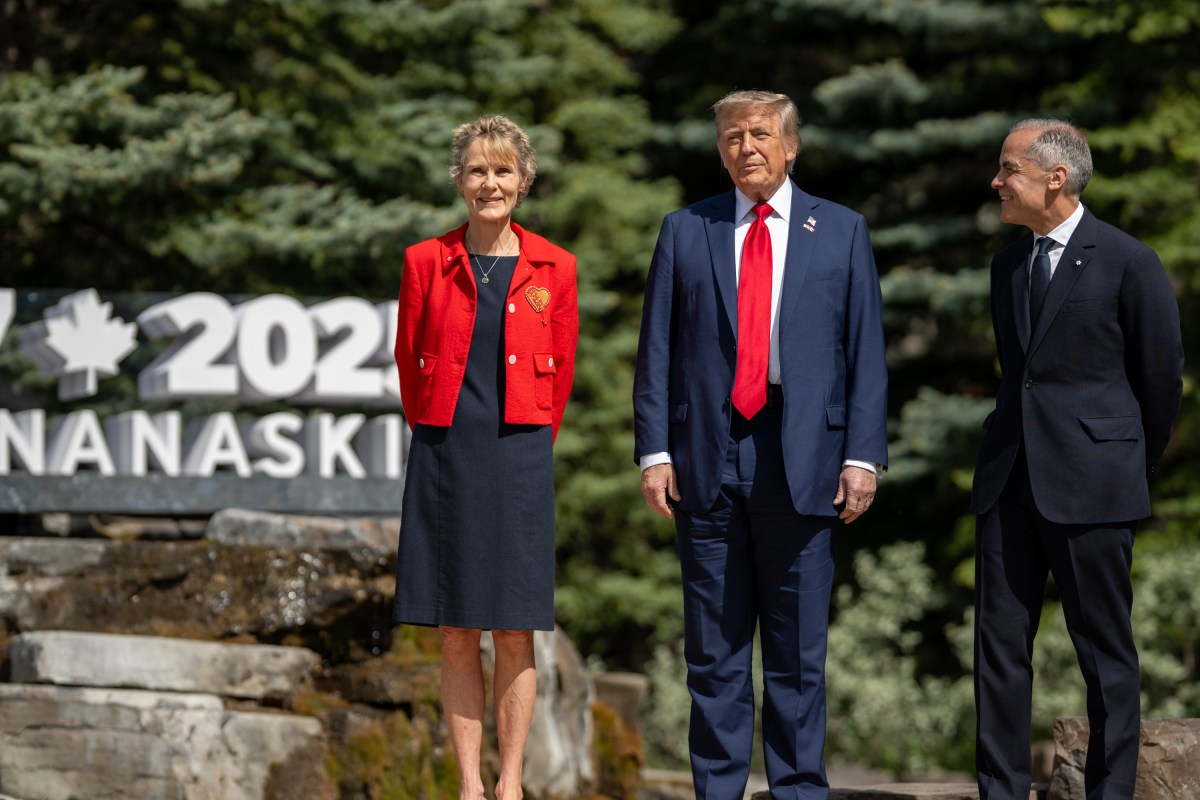 President Donald Trump is greeted by Canadian Prime Minister Mark Carney and his wife Diana Fox Carney during the official welcome at the G7 Summit, Monday, June 16, 2025, in Kananaskis, Alberta, Canada. (Official White House Photo by Daniel Torok)