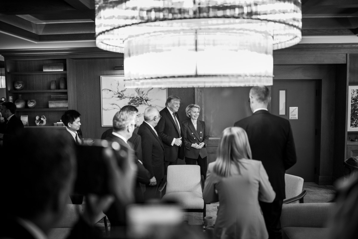 President Donald Trump speaks to other world leaders before participating in Session I of the G7 Summit, Monday, June 16, 2025, in Kananaskis, Alberta, Canada. (Official White House Photo by Daniel Torok)