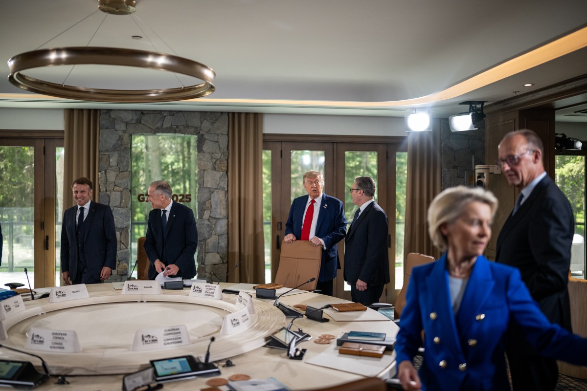 President Donald Trump speaks to other world leaders before participating in Session I of the G7 Summit, Monday, June 16, 2025, in Kananaskis, Alberta, Canada. (Official White House Photo by Daniel Torok)