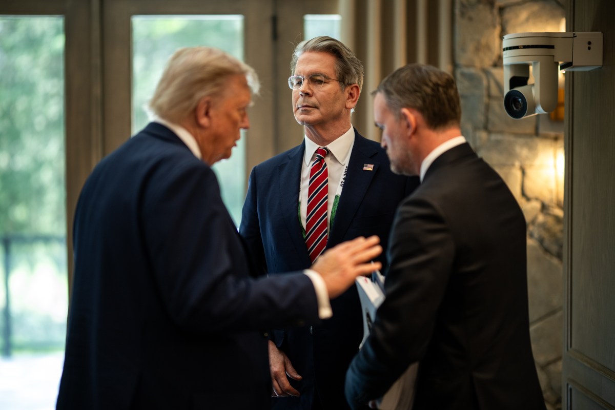 President Donald Trump speaks with Secretary of the Treasury Scott Bessent after Session I of the G7 Summit, Monday, June 16, 2025, in Kananaskis, Alberta, Canada. (Official White House Photo by Daniel Torok)