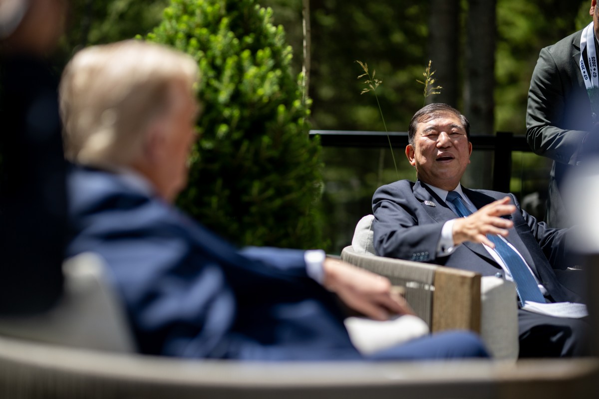 President Donald Trump speaks with Japanese Prime Minister Shigeru Ishiba after Session I of the G7 Summit, Monday, June 16, 2025, in Kananaskis, Alberta, Canada. (Official White House Photo by Daniel Torok)