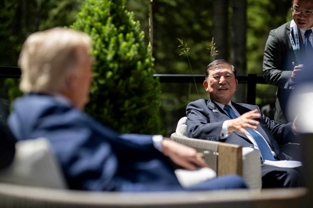 President Donald Trump speaks with Japanese Prime Minister Shigeru Ishiba after Session I of the G7 Summit, Monday, June 16, 2025, in Kananaskis, Alberta, Canada. (Official White House Photo by Daniel Torok)