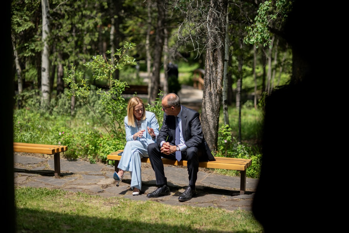 Italian Prime Minister Giorgia Meloni speaks with German Chancellor Friedrich Merz after Session I of the G7 Summit, Monday, June 16, 2025, in Kananaskis, Alberta, Canada. (Official White House Photo by Daniel Torok)