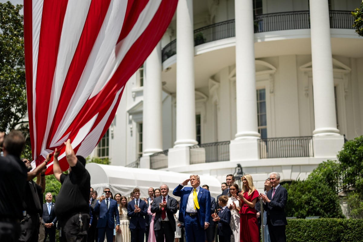 President Donald Trump watches as the American flag is raised on the newly-installed flagpole on the South Lawn of the White House, Wednesday, June 18, 2025. (Official White House Photo by Daniel Torok)