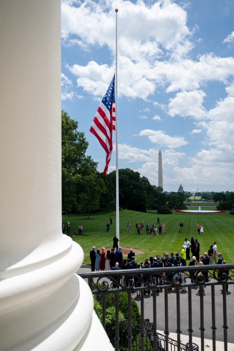 President Donald Trump watches as the American flag is raised on the newly-installed flagpole on the South Lawn of the White House, Wednesday, June 18, 2025. (Official White House Photo by Molly Riley)