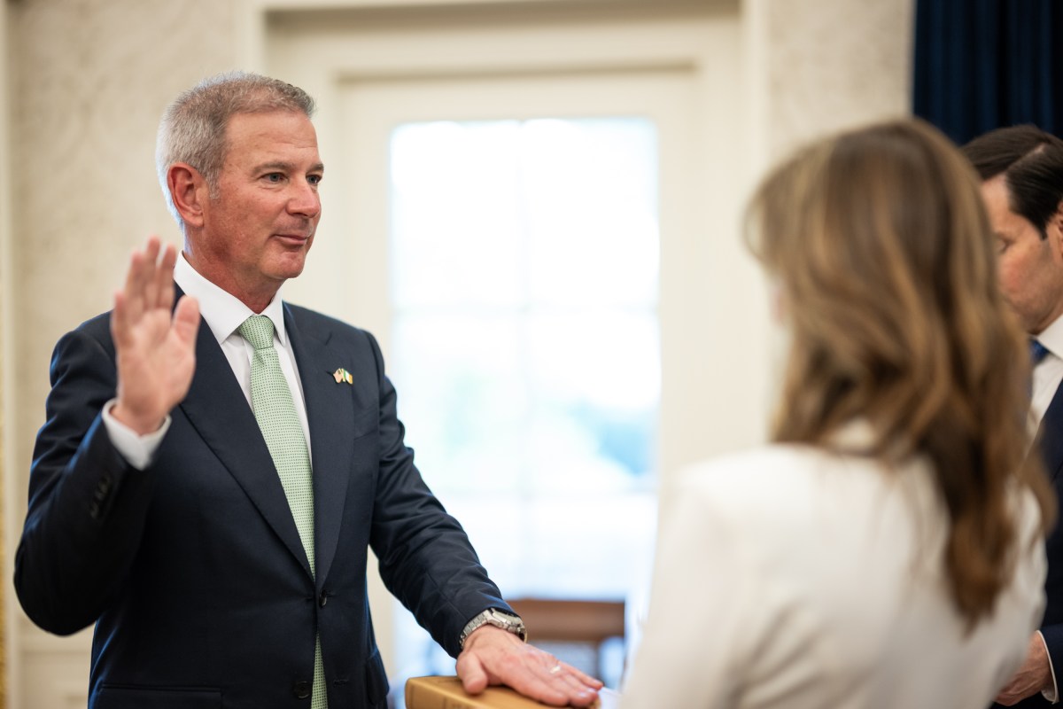 President Donald Trump speaks members of Edward Walsh’s family, before his swearing-in ceremony for U.S. Ambassador to Ireland, Thursday, June 19, 2025, in the Oval Office.(Official White House Photo by Daniel Torok)