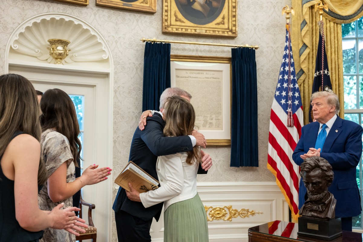 President Donald Trump and Secretary of State Marco Rubio congratulate U.S. Ambassador to Ireland Edward Walsh after his swearing-in ceremony, Thursday, June 19, 2025, in the Oval Office.(Official White House Photo by Molly Riley)