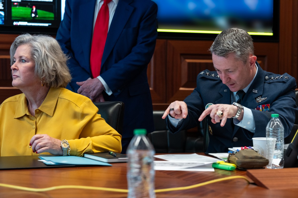 Chief of Staff Susie Wiles, President Donald Trump, and Chairman of the Joint Chiefs of Staff Dan Caine meet in the Situation Room of the White House, Saturday, June 21, 2025. Portions of this photo have been blurred for security purposes. (Official White House Photo by Daniel Torok)