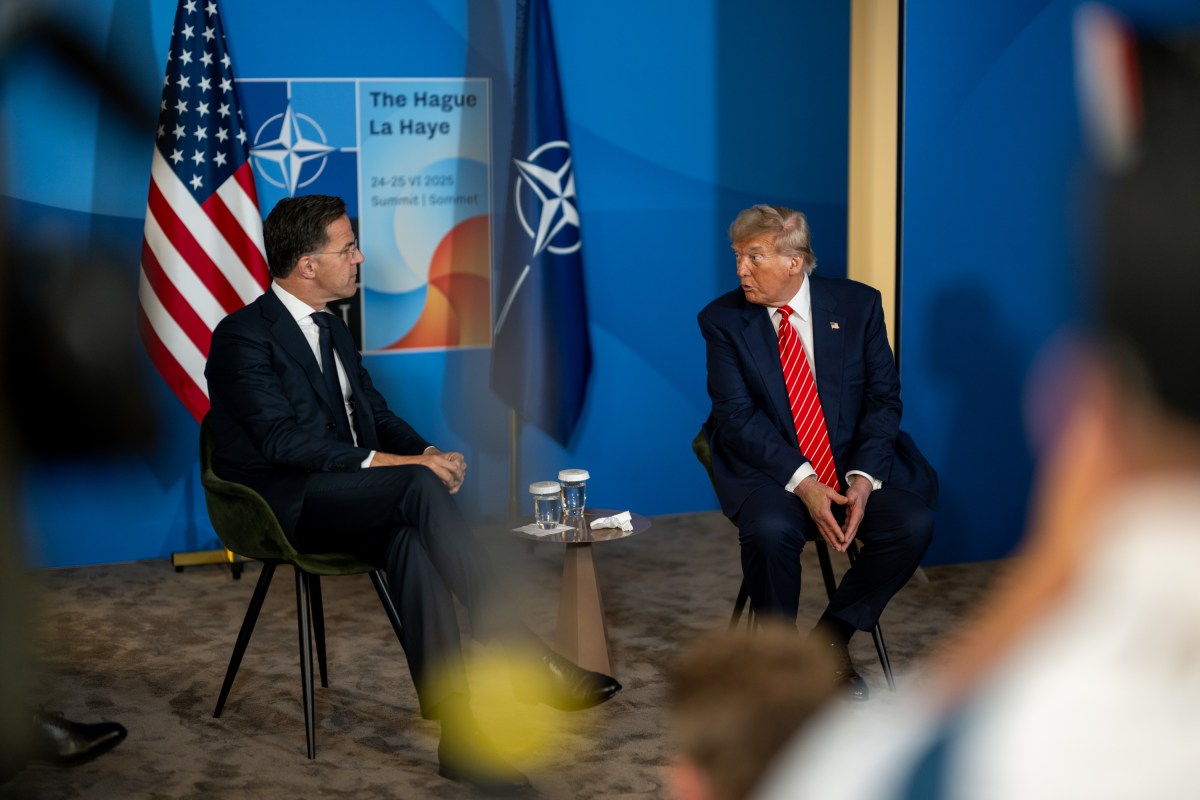 President Donald Trump attends a pull-aside meeting with NATO Secretary General Mark Rutte, Wednesday, June 25, 2025, at the 2025 NATO Summit at the World Forum in The Hague, Netherlands. (Official White House Photo by Daniel Torok)
