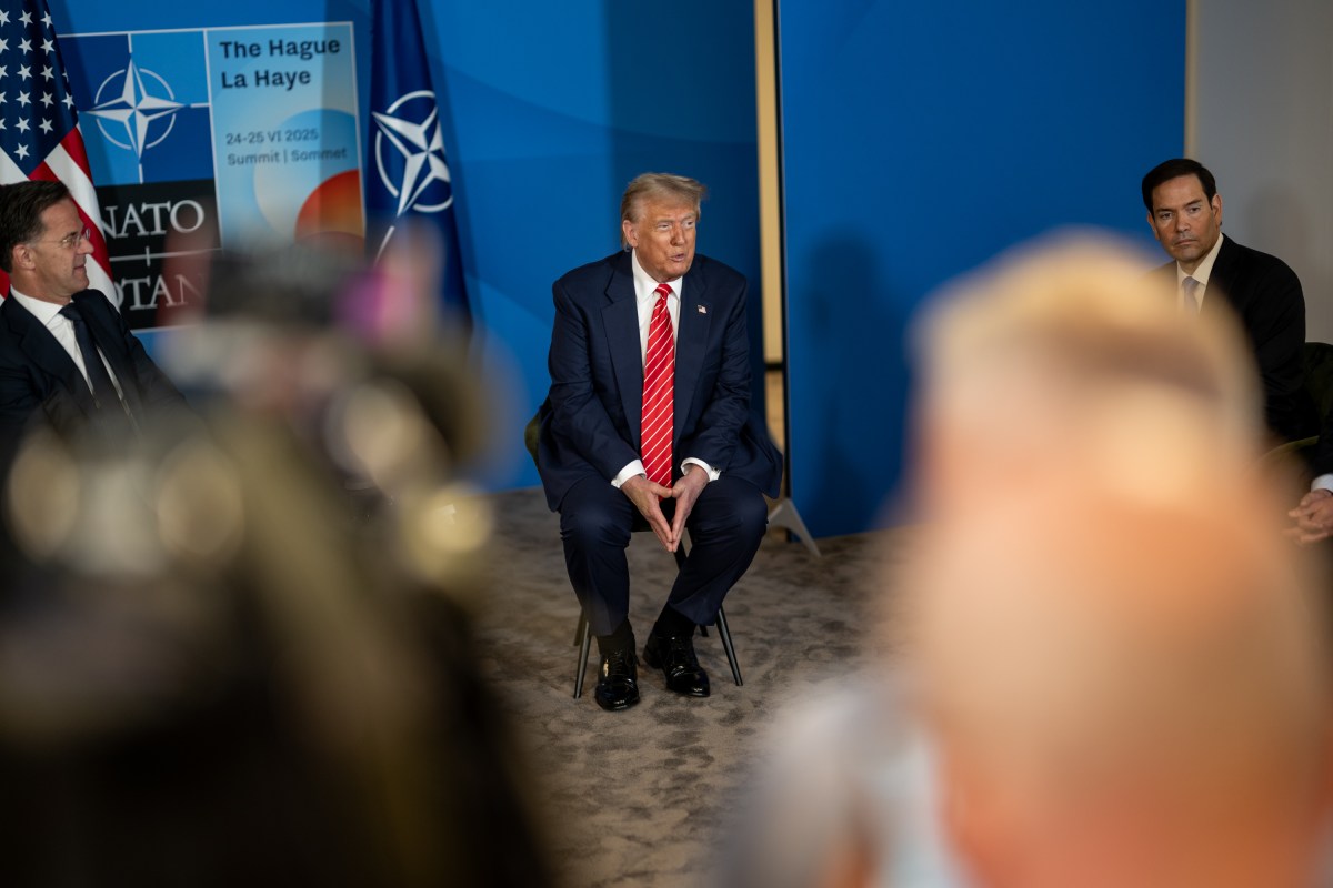 President Donald Trump attends a pull-aside meeting with NATO Secretary General Mark Rutte, Wednesday, June 25, 2025, at the 2025 NATO Summit at the World Forum in The Hague, Netherlands. (Official White House Photo by Daniel Torok)