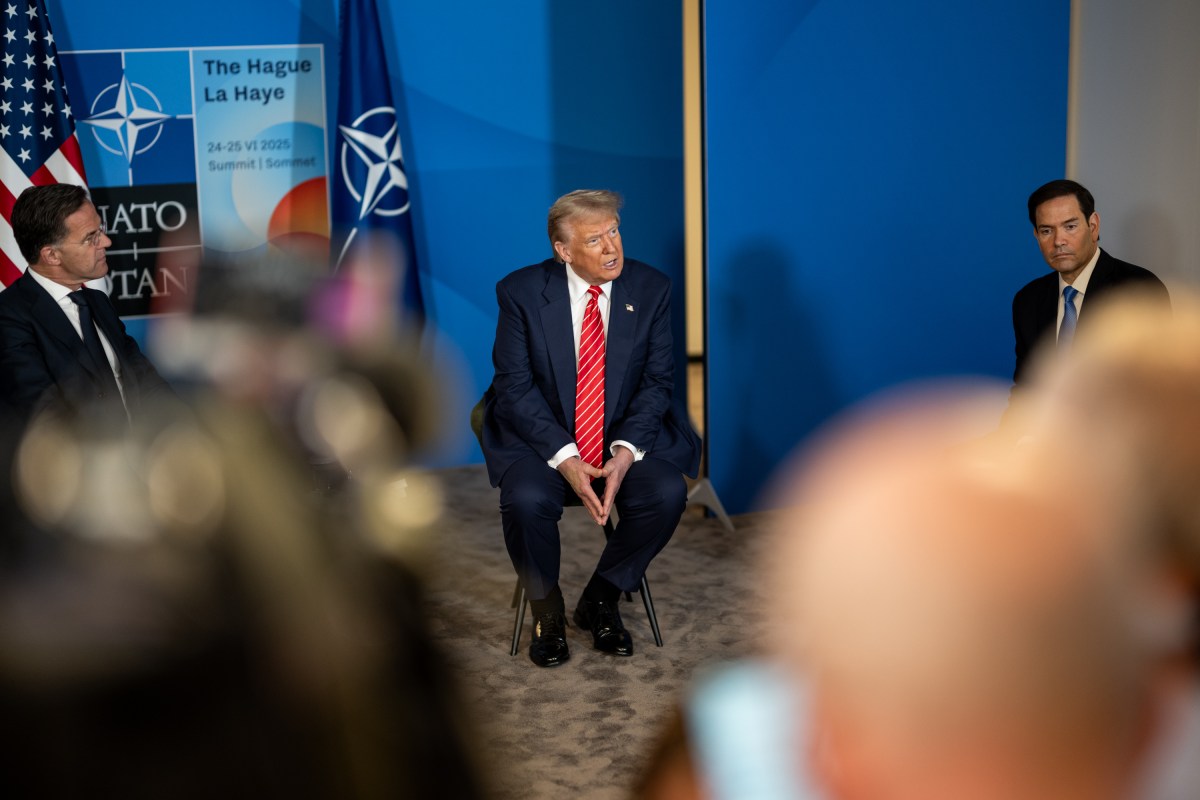 President Donald Trump attends a pull-aside meeting with NATO Secretary General Mark Rutte, Wednesday, June 25, 2025, at the 2025 NATO Summit at the World Forum in The Hague, Netherlands. (Official White House Photo by Daniel Torok)