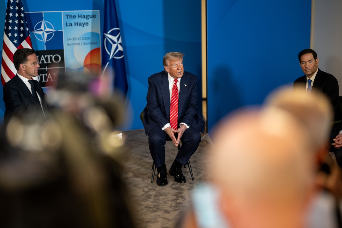 President Donald Trump attends a pull-aside meeting with NATO Secretary General Mark Rutte, Wednesday, June 25, 2025, at the 2025 NATO Summit at the World Forum in The Hague, Netherlands. (Official White House Photo by Daniel Torok)