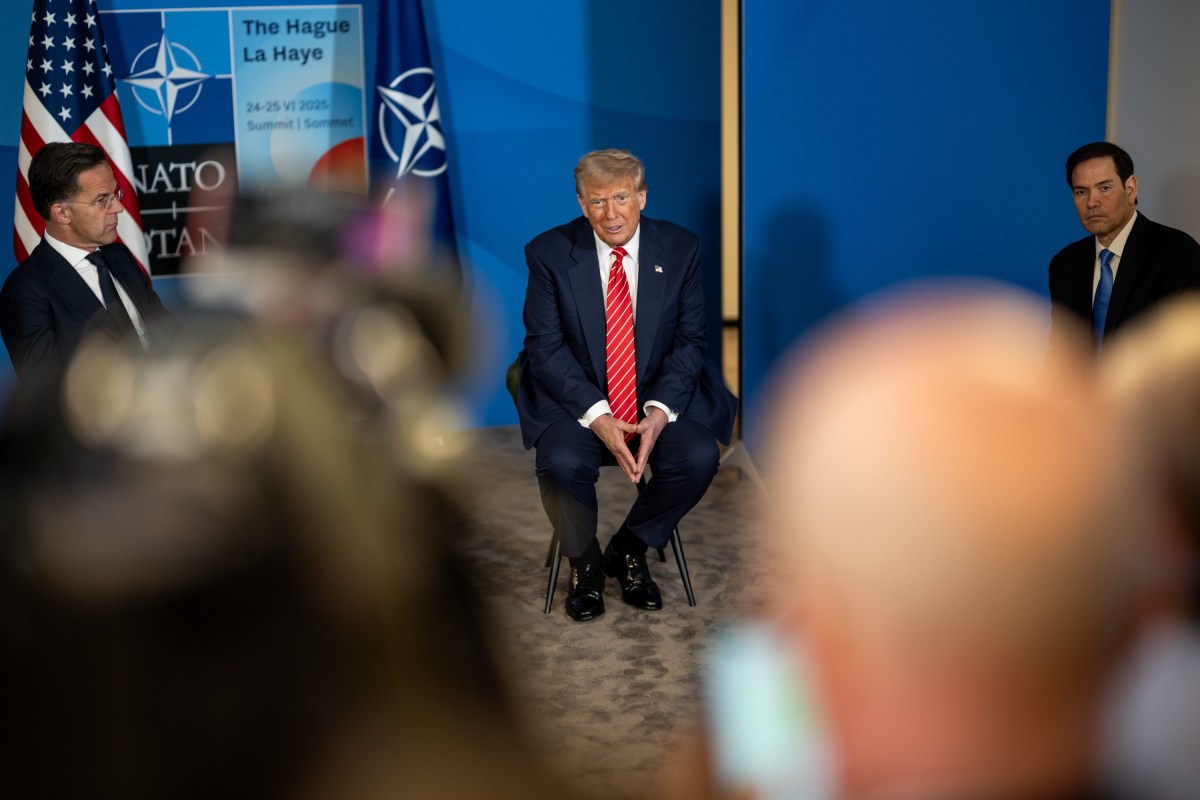 President Donald Trump attends a pull-aside meeting with NATO Secretary General Mark Rutte, Wednesday, June 25, 2025, at the 2025 NATO Summit at the World Forum in The Hague, Netherlands. (Official White House Photo by Daniel Torok)