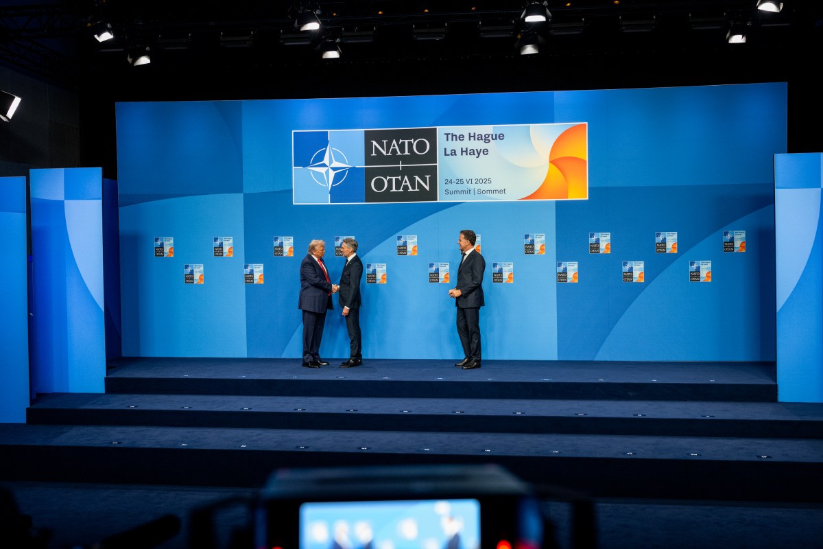 President Donald Trump greets Netherlands' Prime Minister Dick Schoof and NATO Secretary General Mark Rutte before the NATO family photo, Wednesday, June 25, 2025, at the 2025 NATO Summit at the World Forum in The Hague, Netherlands. (Official White House Photo by Daniel Torok)