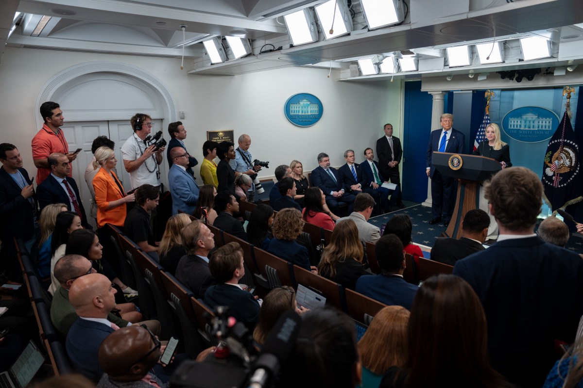 President Donald Trump holds a press conference with Attorney General Pam Bondi and Deputy Attorney General Todd Blanche in the James S. Brady Press Briefing Room on Friday, June 27, 2025. (Official White House Photo by Abe McNatt)