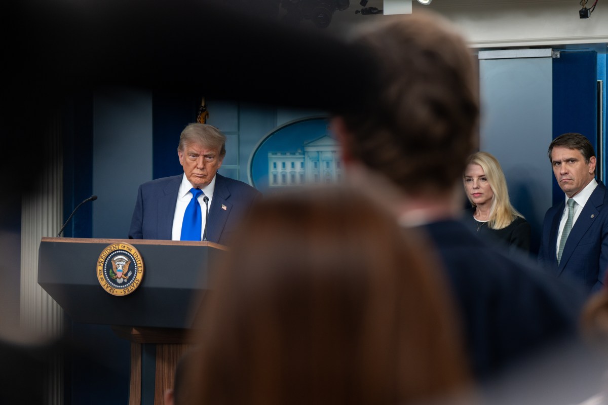President Donald Trump holds a press conference with Attorney General Pam Bondi and Deputy Attorney General Todd Blanche in the James S. Brady Press Briefing Room on Friday, June 27, 2025. (Official White House Photo by Abe McNatt)