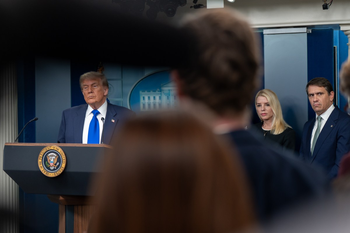 President Donald Trump holds a press conference with Attorney General Pam Bondi and Deputy Attorney General Todd Blanche in the James S. Brady Press Briefing Room on Friday, June 27, 2025. (Official White House Photo by Abe McNatt)