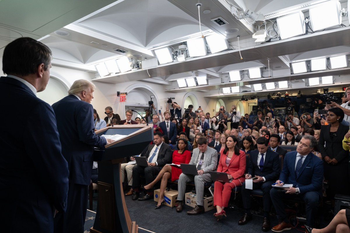 President Donald Trump holds a press conference with Attorney General Pam Bondi and Deputy Attorney General Todd Blanche in the James S. Brady Press Briefing Room on Friday, June 27, 2025. (Official White House Photo by Molly Riley)