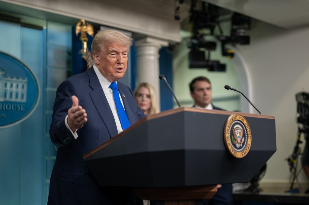 President Donald Trump holds a press conference with Attorney General Pam Bondi and Deputy Attorney General Todd Blanche in the James S. Brady Press Briefing Room on Friday, June 27, 2025. (Official White House Photo by Molly Riley)