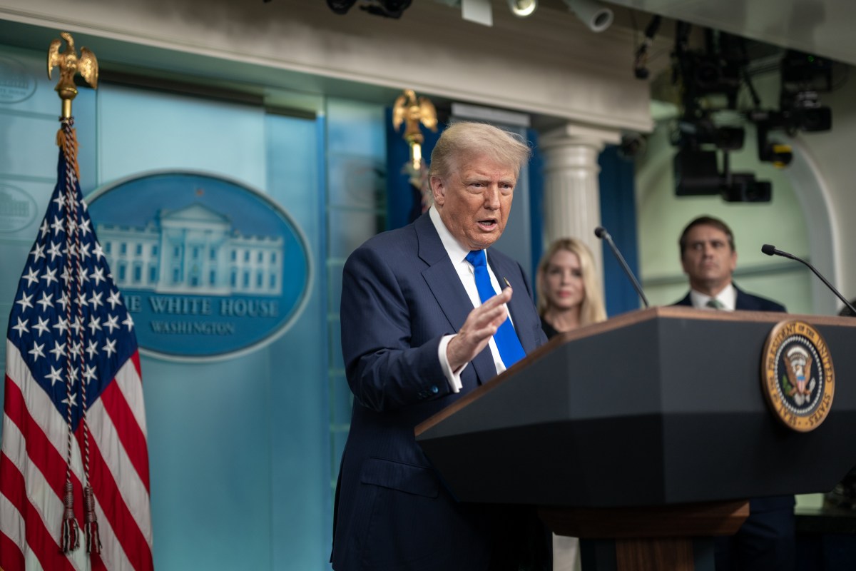 President Donald Trump holds a press conference with Attorney General Pam Bondi and Deputy Attorney General Todd Blanche in the James S. Brady Press Briefing Room on Friday, June 27, 2025. (Official White House Photo by Molly Riley)