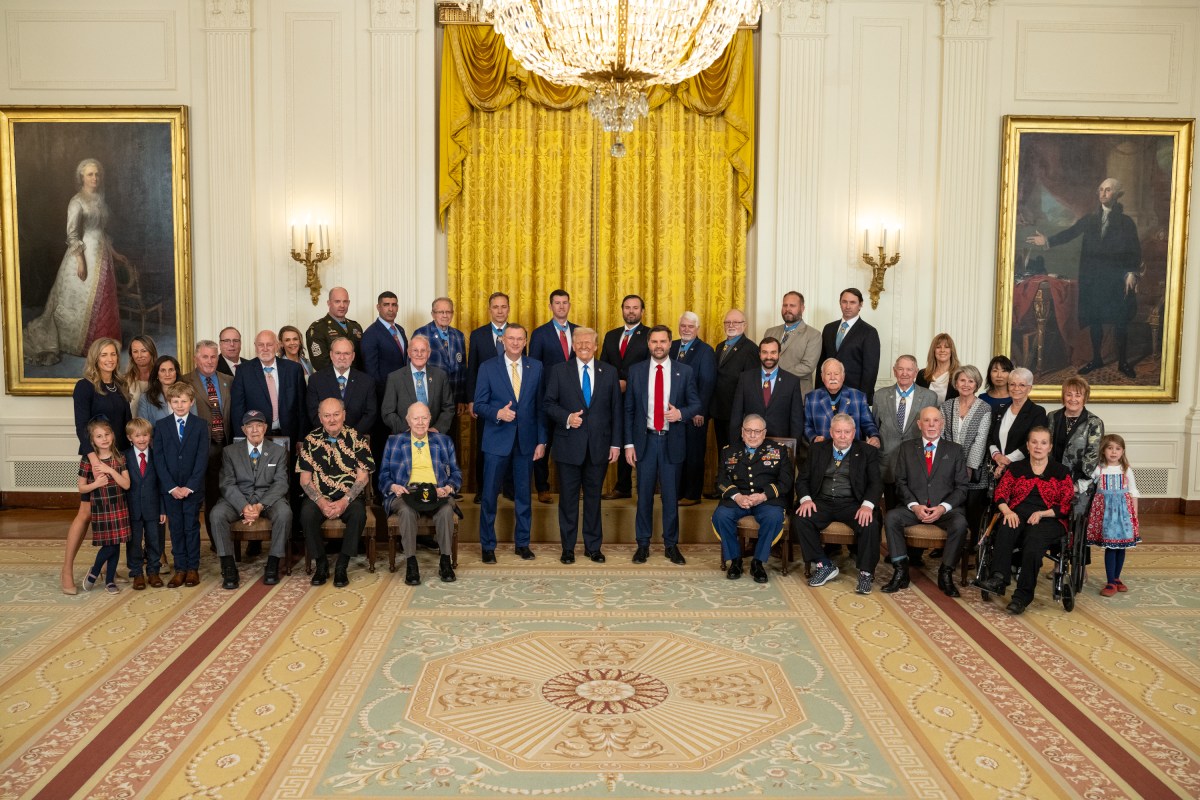 President Donald Trump poses for a group photo with Medal of Honor recipients for National Medal of Honor Day, Tuesday, March 25, 2025, in the East Room of the White House. (Official White House Photo by Daniel Torok)
