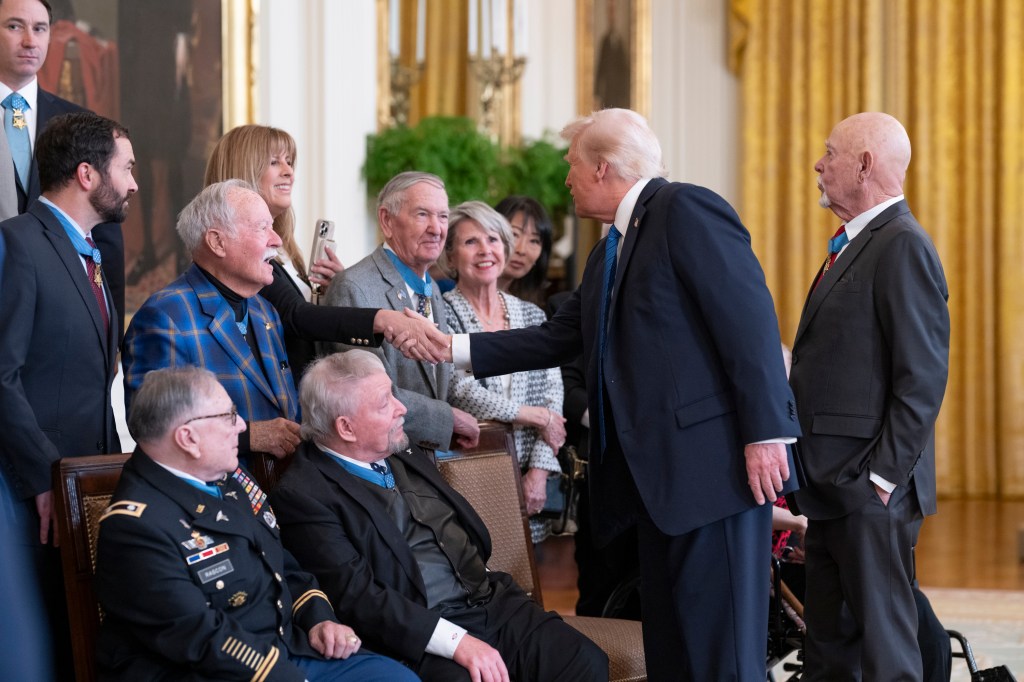 President Donald Trump meets with Medal of Honor recipients for National Medal of Honor Day, Tuesday, March 25, 2025, in the East Room of the White House. (Official White House Photo by Molly Riley)