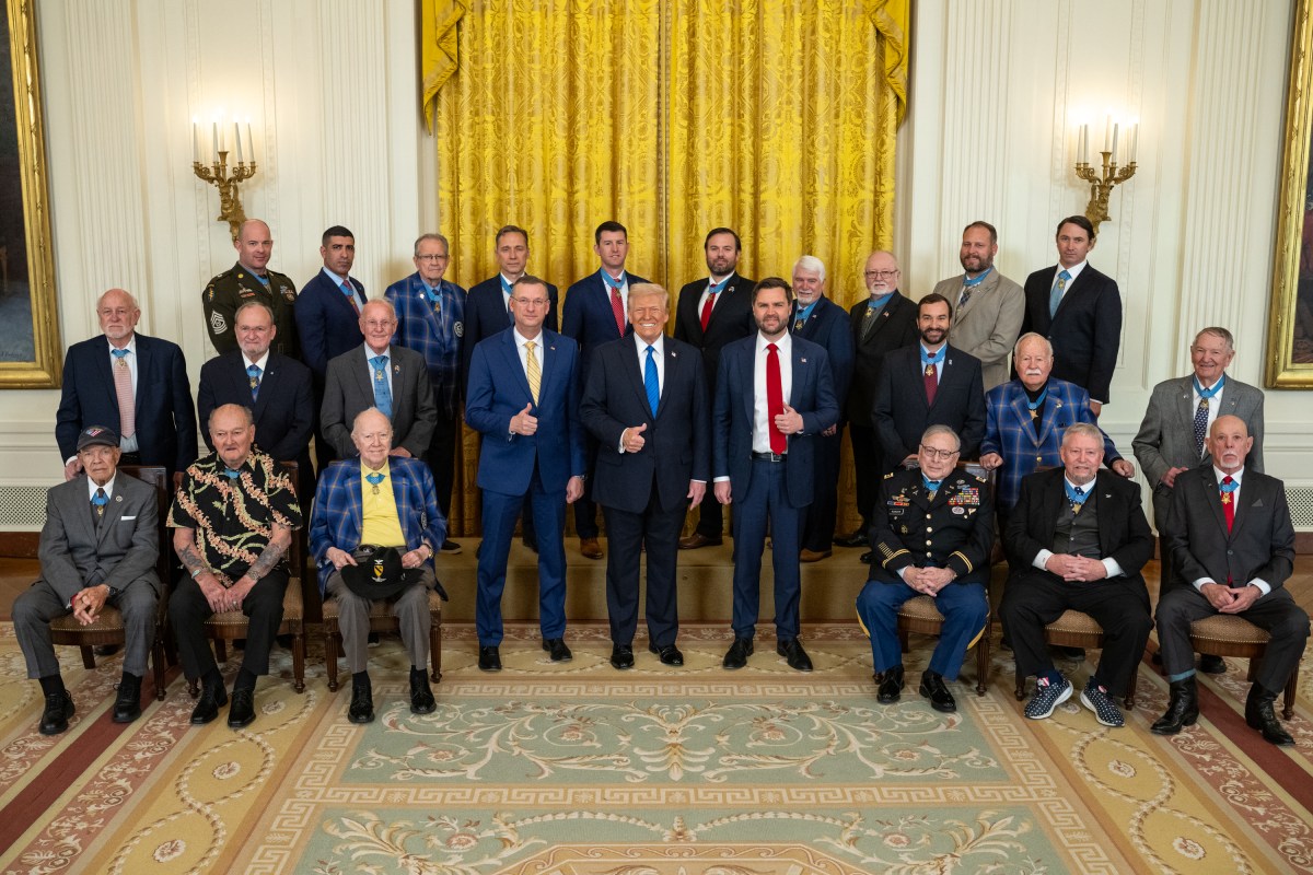 President Donald Trump poses for a group photo with Medal of Honor recipients for National Medal of Honor Day, Tuesday, March 25, 2025, in the East Room of the White House. (Official White House Photo by Daniel Torok)