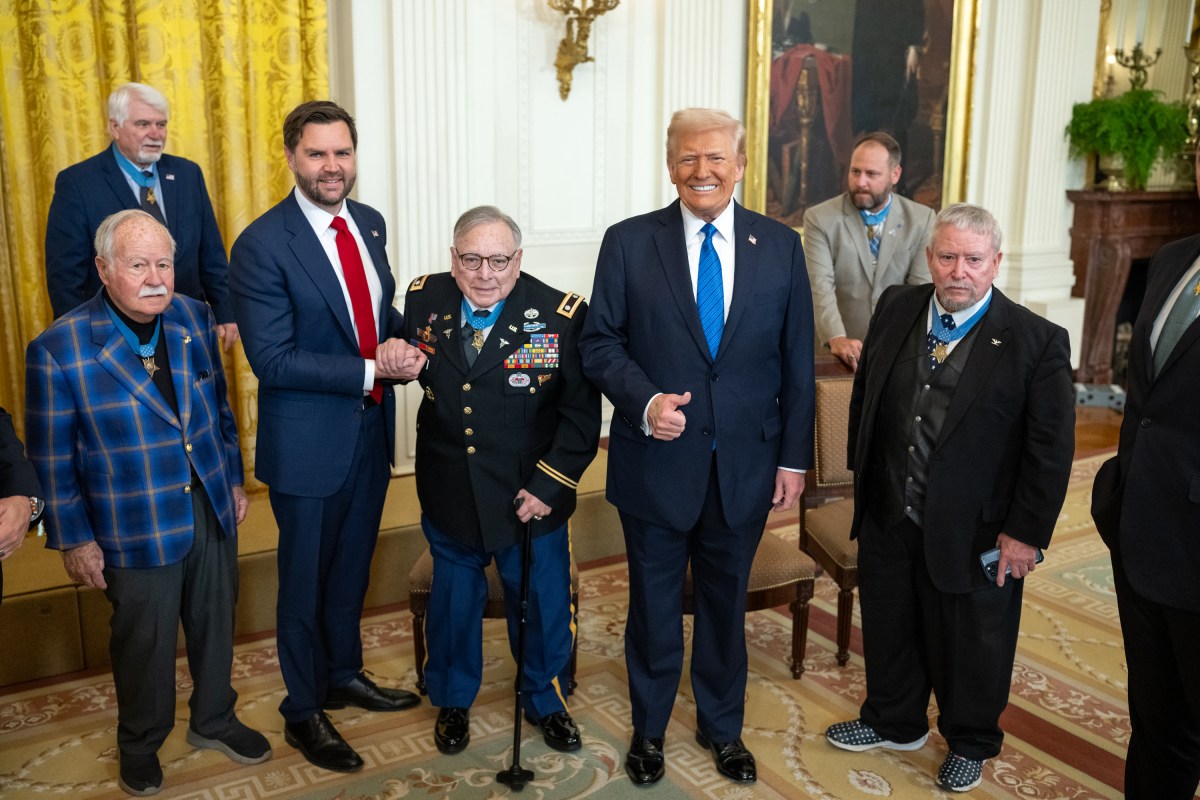 President Donald Trump poses for a group photo with Medal of Honor recipients for National Medal of Honor Day, Tuesday, March 25, 2025, in the East Room of the White House. (Official White House Photo by Daniel Torok)