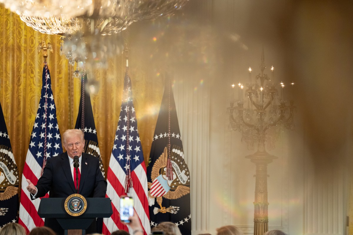 President Donald Trump delivers remarks at an event celebrating Women’s History Month, Wednesday, March 26, 2025, in the East Room of the White House.
