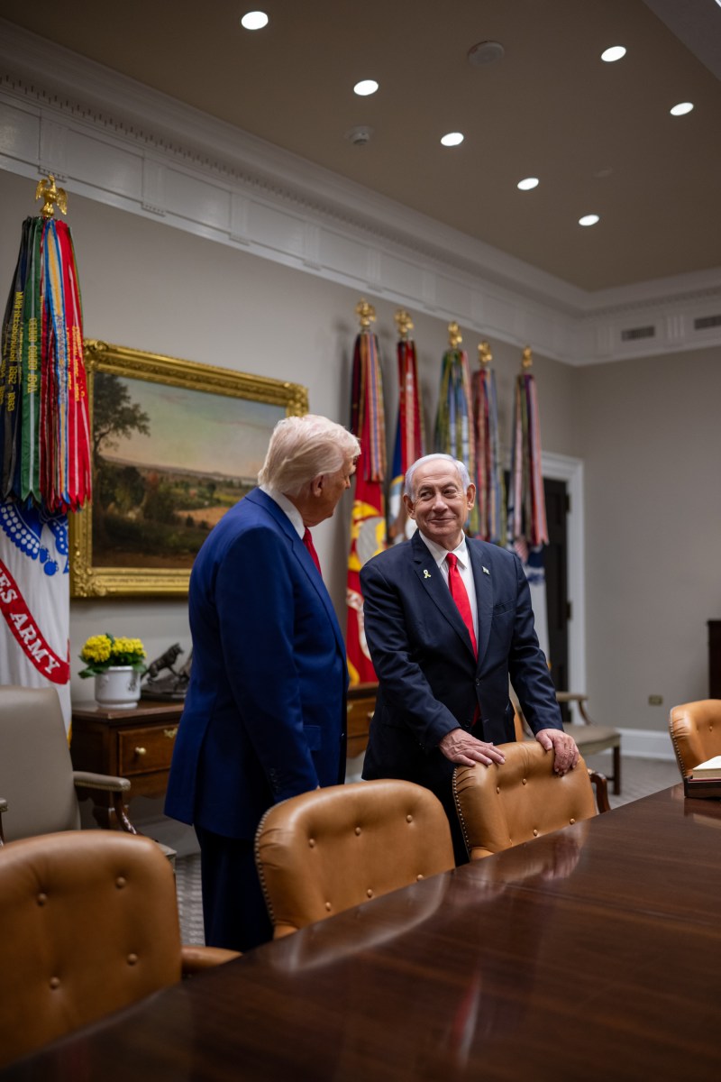 President Donald Trump greets Israeli Prime Minister Benjamin Netanyahu, Monday, April 7, 2025, in the West Wing Lobby of the White House. (Official White House Photo by Daniel Torok)