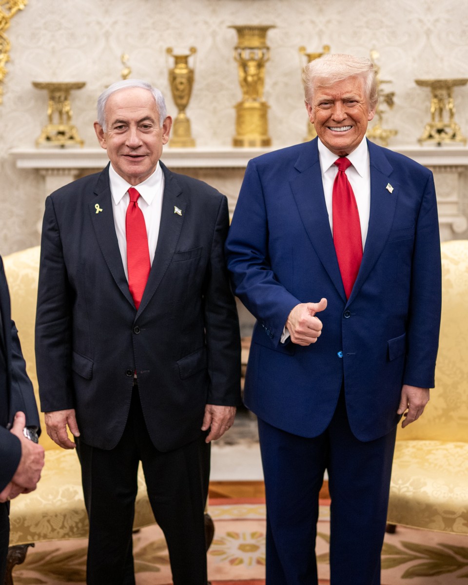 President Donald Trump greets Israeli Prime Minister Benjamin Netanyahu, Monday, April 7, 2025, in the West Wing Lobby of the White House. (Official White House Photo by Daniel Torok)