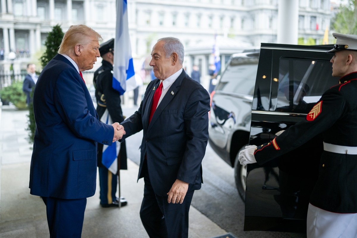 President Donald Trump greets Israeli Prime Minister Benjamin Netanyahu, Monday, April 7, 2025, in the West Wing Lobby of the White House. (Official White House Photo by Daniel Torok)