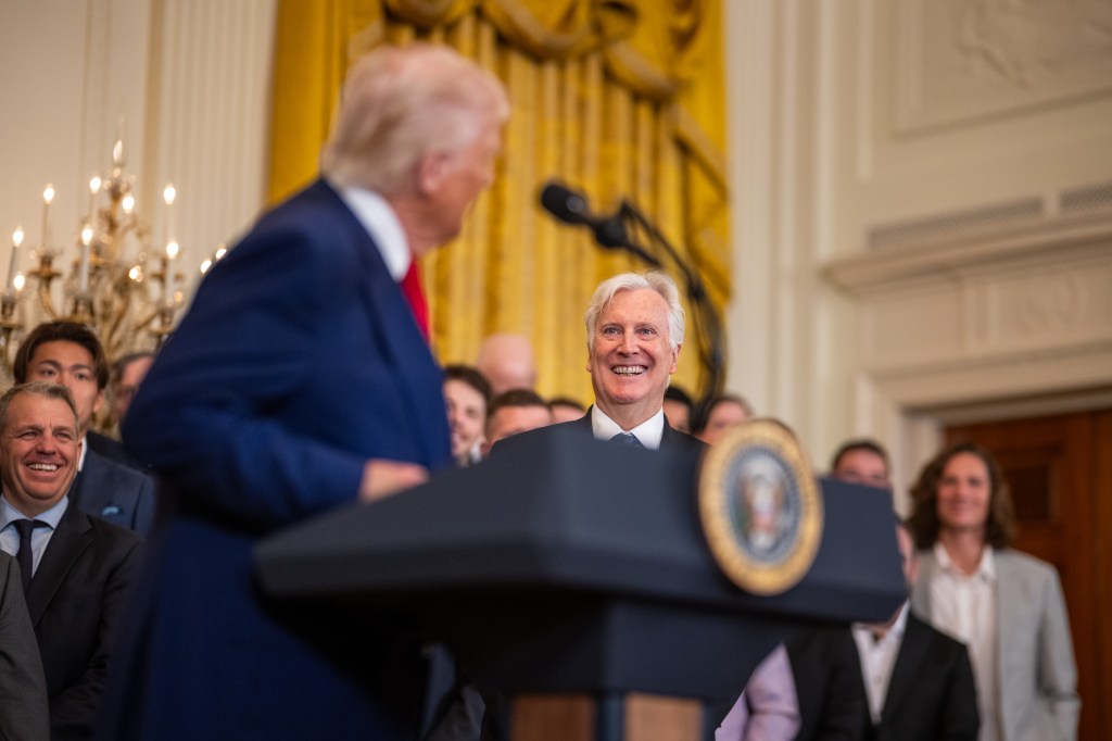 President Donald Trump delivers remarks at an event celebrating the 2024 World Series Champion Los Angeles Dodgers, Monday, April 7, 2025, in the East Room of the White House. (Official White House Photo by Daniel Torok)