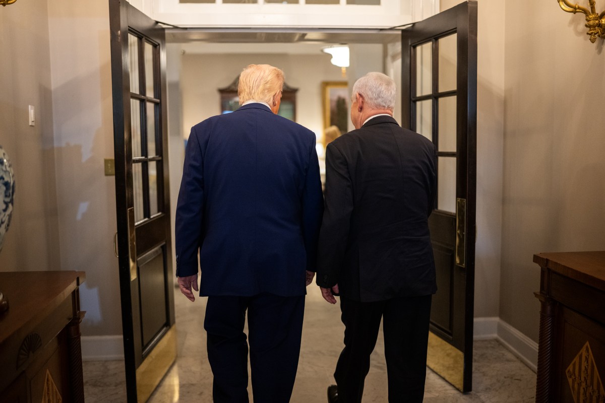 President Donald Trump greets Israeli Prime Minister Benjamin Netanyahu, Monday, April 7, 2025, in the West Wing Lobby of the White House. (Official White House Photo by Daniel Torok)