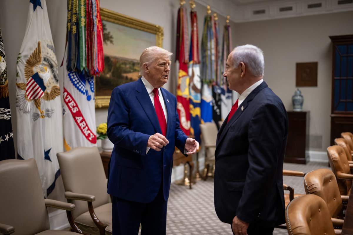 President Donald Trump greets Israeli Prime Minister Benjamin Netanyahu, Monday, April 7, 2025, in the West Wing Lobby of the White House. (Official White House Photo by Daniel Torok)