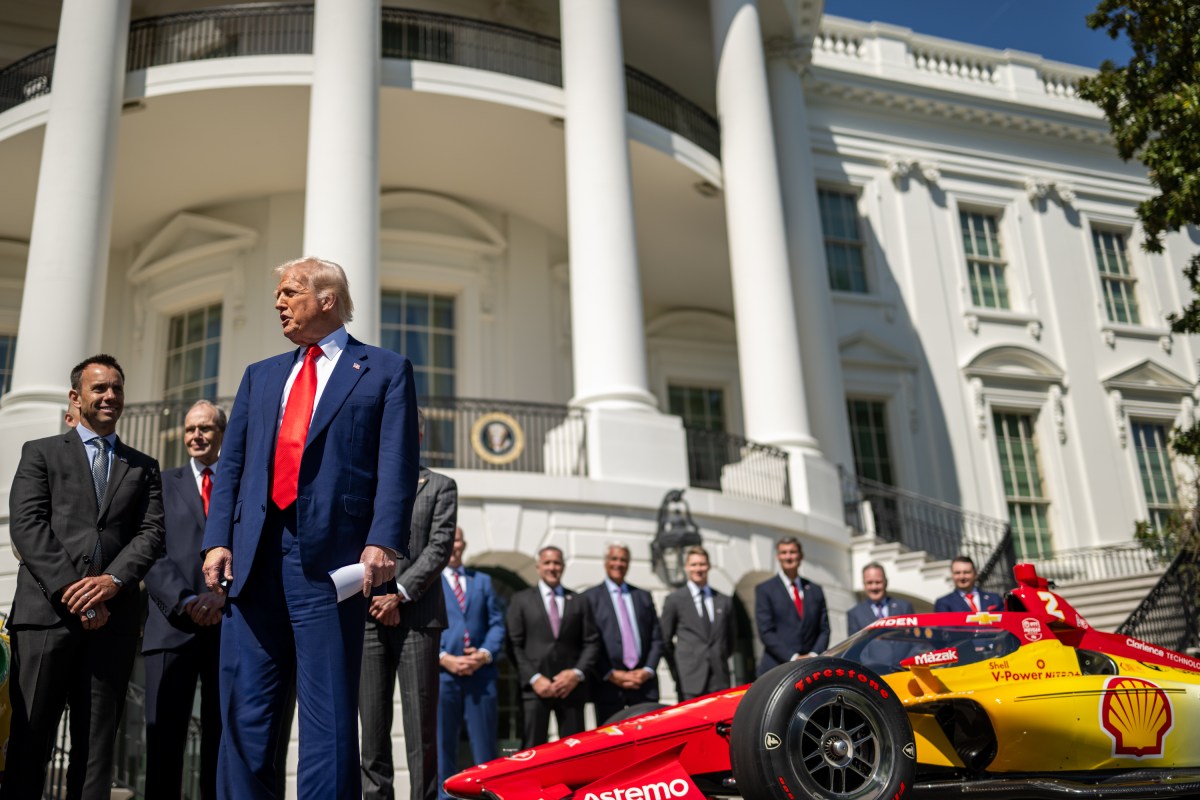 President Donald Trump participates in a photo opportunity with 2024 NASCAR Cup Series Champion Joey Logano and other racing champions, Wednesday, April 9, 2025, at the South Portico of the White House. (Official White House Photo by Daniel Torok)