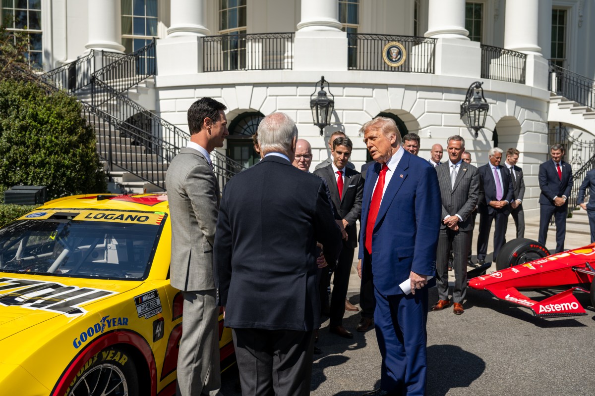 President Donald Trump participates in a photo opportunity with 2024 NASCAR Cup Series Champion Joey Logano and other racing champions, Wednesday, April 9, 2025, at the South Portico of the White House. (Official White House Photo by Daniel Torok)