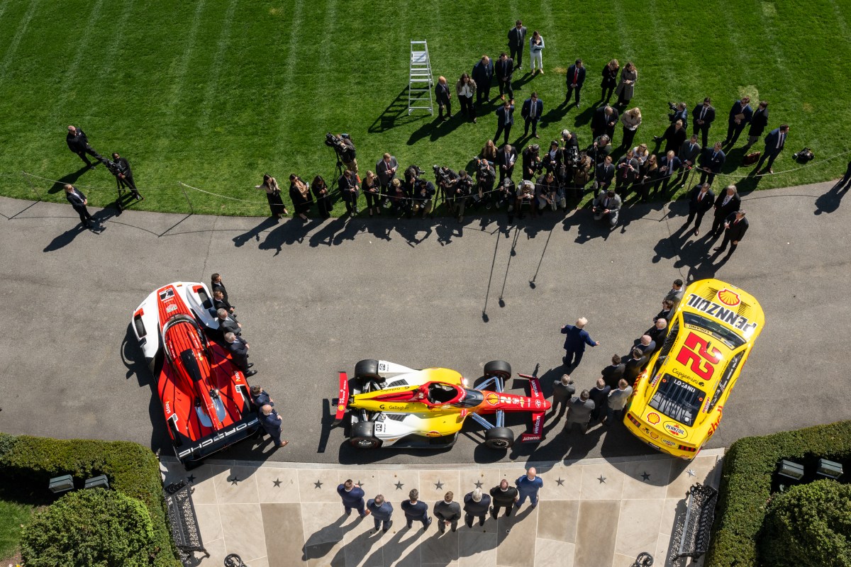 President Donald Trump participates in a photo opportunity with 2024 NASCAR Cup Series Champion Joey Logano and other racing champions, Wednesday, April 9, 2025, at the South Portico of the White House. (Official White House Photo by Molly Riley)