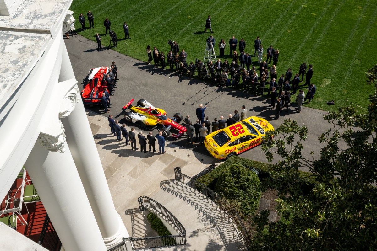 President Donald Trump participates in a photo opportunity with 2024 NASCAR Cup Series Champion Joey Logano and other racing champions, Wednesday, April 9, 2025, at the South Portico of the White House. (Official White House Photo by Molly Riley)