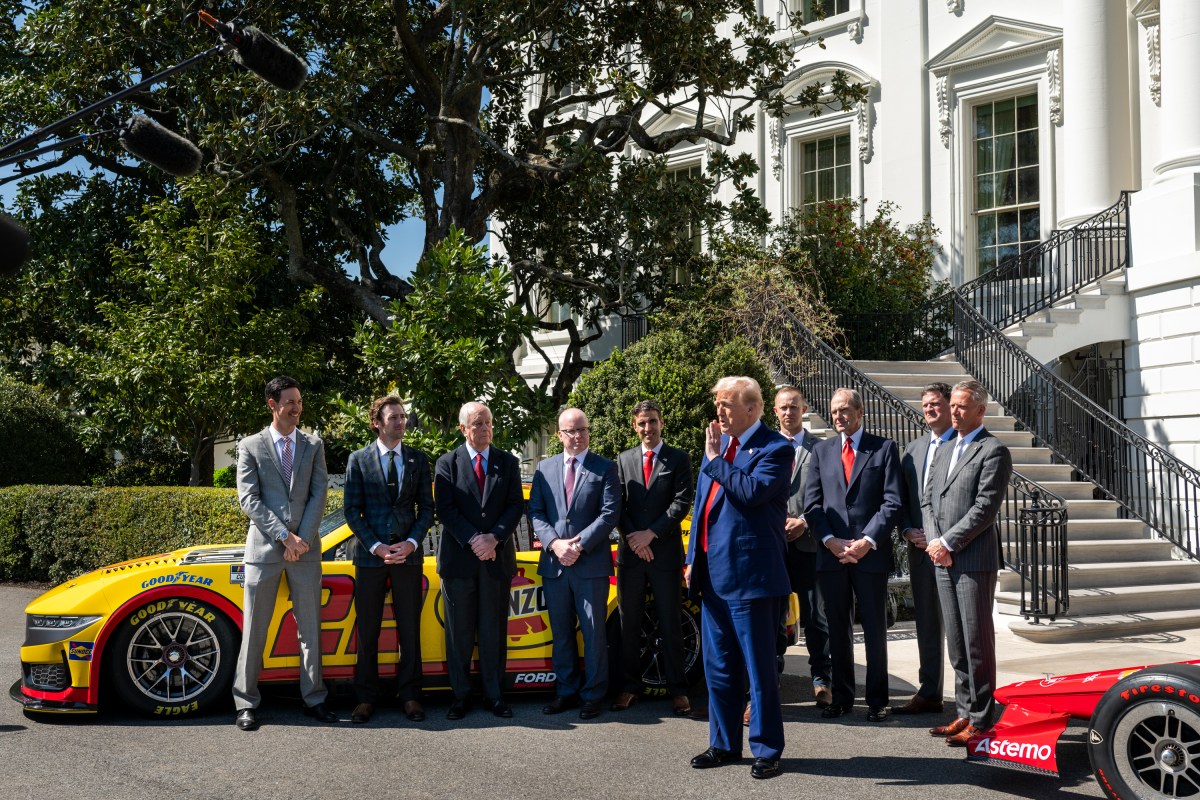 President Donald Trump participates in a photo opportunity with 2024 NASCAR Cup Series Champion Joey Logano and other racing champions, Wednesday, April 9, 2025, at the South Portico of the White House. (Official White House Photo by Joyce N. Boghosian)