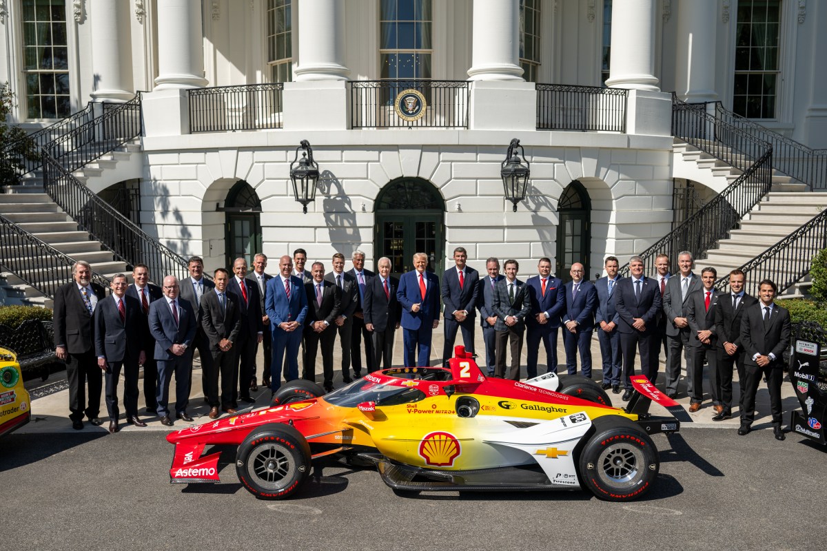 President Donald Trump participates in a photo opportunity with 2024 NASCAR Cup Series Champion Joey Logano and other racing champions, Wednesday, April 9, 2025, at the South Portico of the White House. (Official White House Photo by Daniel Torok)