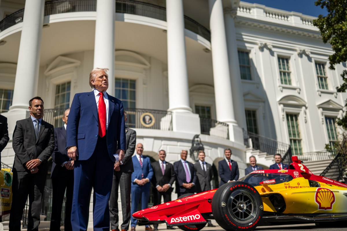 President Donald Trump participates in a photo opportunity with 2024 NASCAR Cup Series Champion Joey Logano and other racing champions, Wednesday, April 9, 2025, at the South Portico of the White House. (Official White House Photo by Daniel Torok)