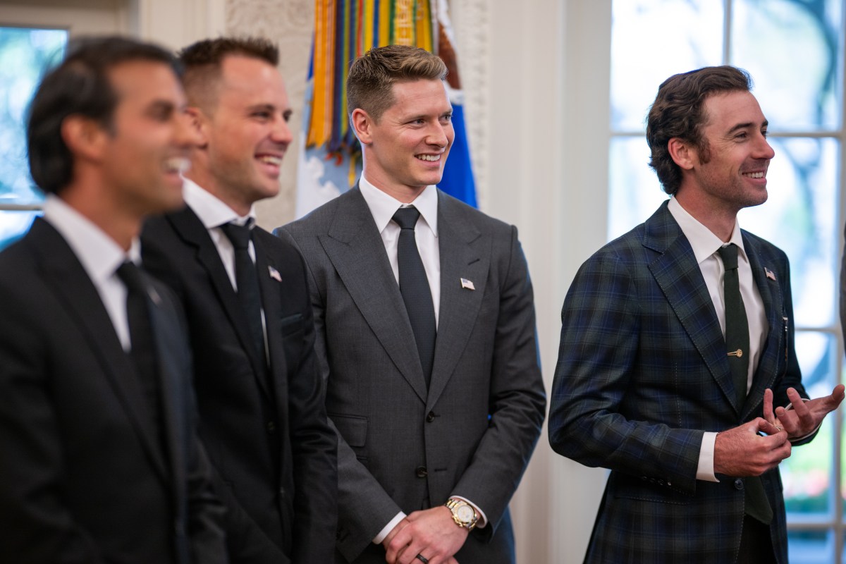 President Donald Trump participates in a photo opportunity with 2024 NASCAR Cup Series Champion Joey Logano and other racing champions, Wednesday, April 9, 2025, at the South Portico of the White House. (Official White House Photo by Daniel Torok)