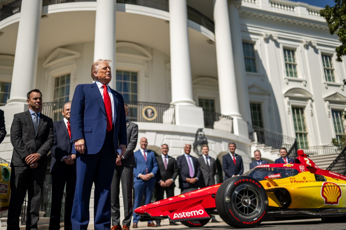 President Donald Trump participates in a photo opportunity with 2024 NASCAR Cup Series Champion Joey Logano and other racing champions, Wednesday, April 9, 2025, at the South Portico of the White House. (Official White House Photo by Daniel Torok)