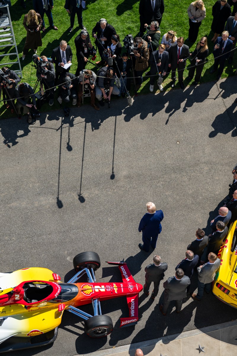 President Donald Trump participates in a photo opportunity with 2024 NASCAR Cup Series Champion Joey Logano and other racing champions, Wednesday, April 9, 2025, at the South Portico of the White House. (Official White House Photo by Molly Riley)
