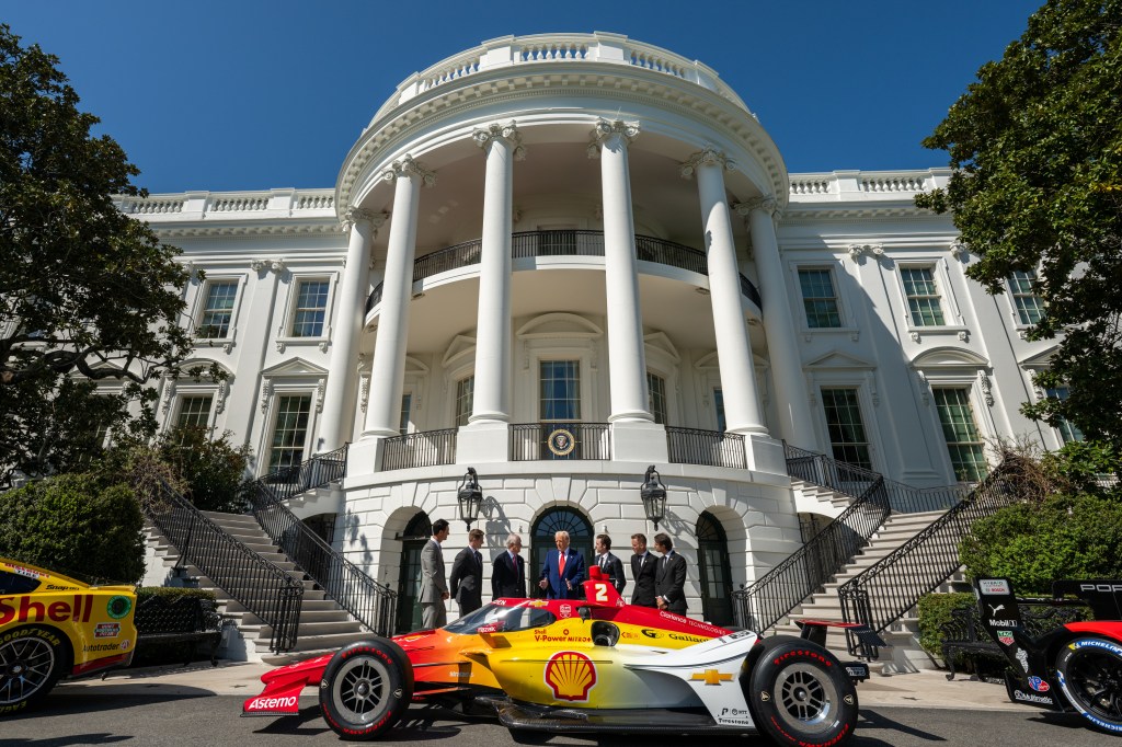 President Donald Trump participates in a photo opportunity with 2024 NASCAR Cup Series Champion Joey Logano and other racing champions, Wednesday, April 9, 2025, at the South Portico of the White House. (Official White House Photo by Joyce N. Boghosian)
