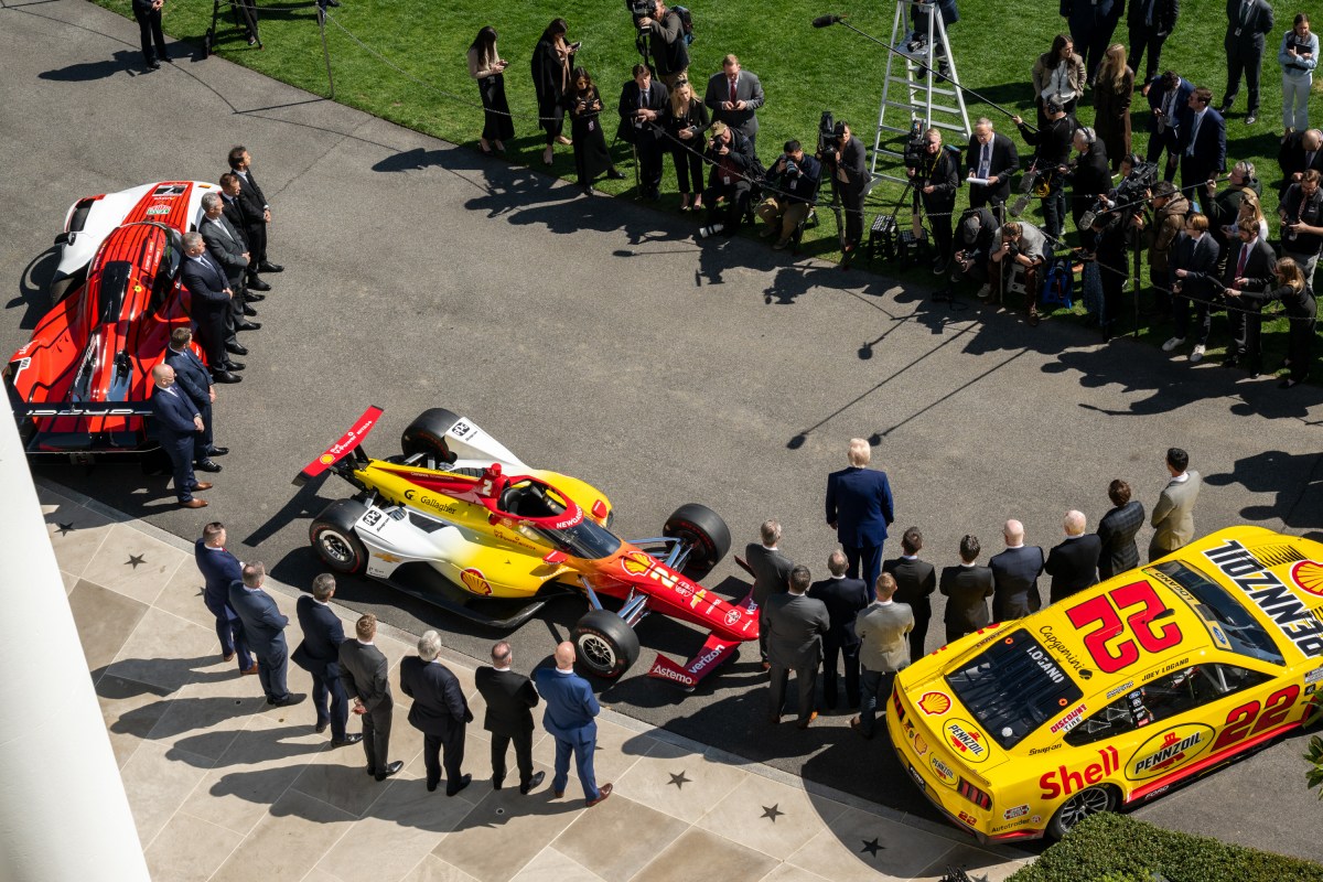President Donald Trump participates in a photo opportunity with 2024 NASCAR Cup Series Champion Joey Logano and other racing champions, Wednesday, April 9, 2025, at the South Portico of the White House. (Official White House Photo by Molly Riley)